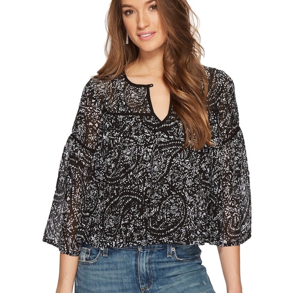Lucky Brand Sheer Flowy Boho Top XS  Black and white Floral Bell Sleeves - Picture 1 of 16